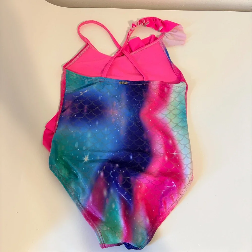 XOXO Swimsuit Mermaid Scale Ruffle One Piece Girls Size XS 4/5 Pink Blue